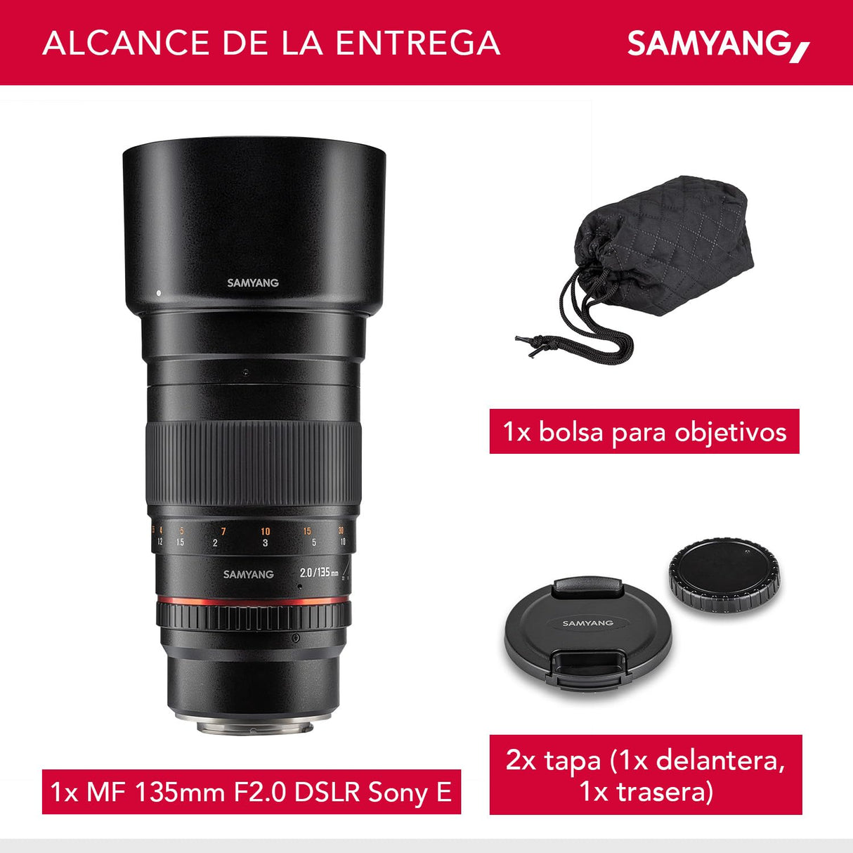 Samyang F1112206101 - Objetivo fotográfico DSLR para Sony E (Distancia focal Fija 135mm, Apertura f/2-22 ED UMC, diámetro Filtro: 77mm), Negro