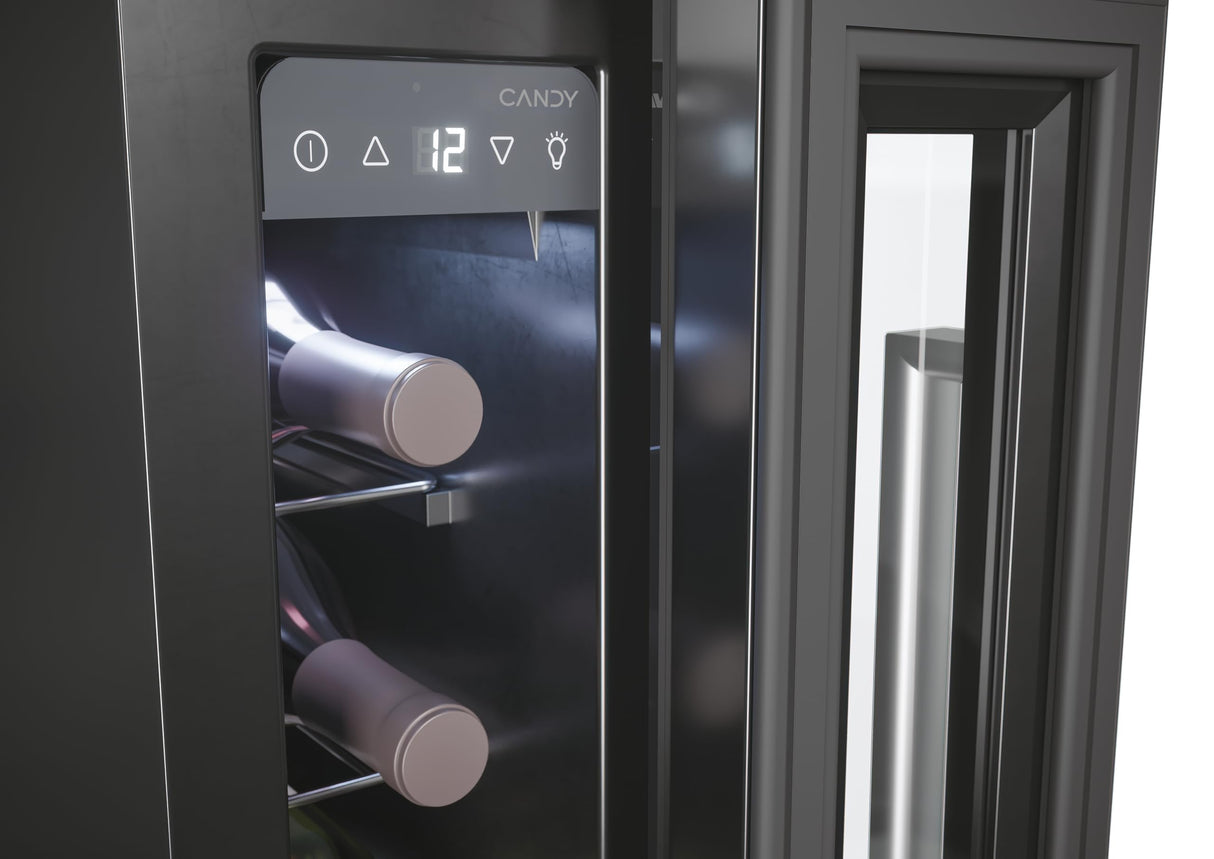 Candy DiVino CCVB 15/1, Vinoteca Integrable Estrecha, 20L, 7 Botellas, Puerta Reversible, 6 Baldas, Tratamiento Anti-UV, Compresor Antivibraciones, LED, Temperatura 5º a 18º, 39DB, Clase C, Negro