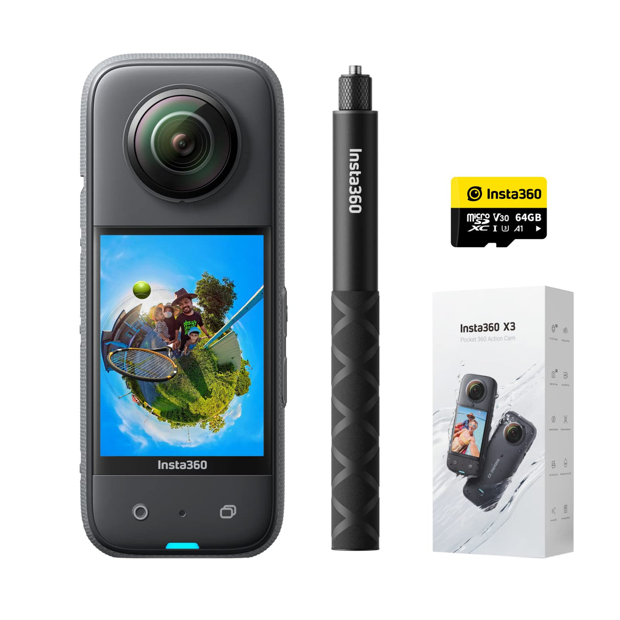 Insta360 X3 - Paquete de cámara de acción Impermeable de 360° con Sensor de 1/2", 5,7 K 360°, Fotos de 72 MP a 360°, estabilización, Pantalla táctil de 2,29", retroalimentación de vibración, edición