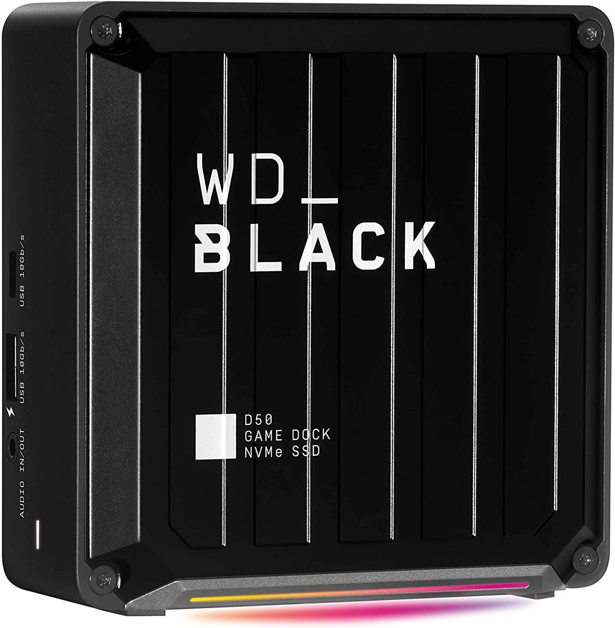 WD BLACK D50 NVMe SSD, Game Dock de 2 TB, 2 puertos Thunderbolt 3, DisplayPort 1.4, 2 puertos USB-C, 3 puertos USB-A, entrada y salida de audio y Gigabit Ethernet, iluminación RGB personalizable