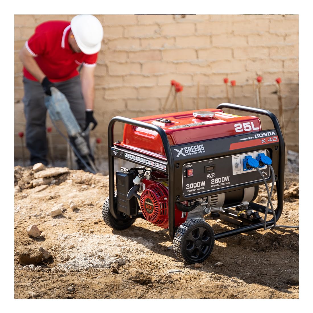 XGREENS Generador de corriente (gasolina) X40 (máx. 3.000W, depósito 25 l, AVR, Powered by Honda, ruedas, alerta aceite, monofásico, 2 tomas 230V, protección térmica y panel digital)