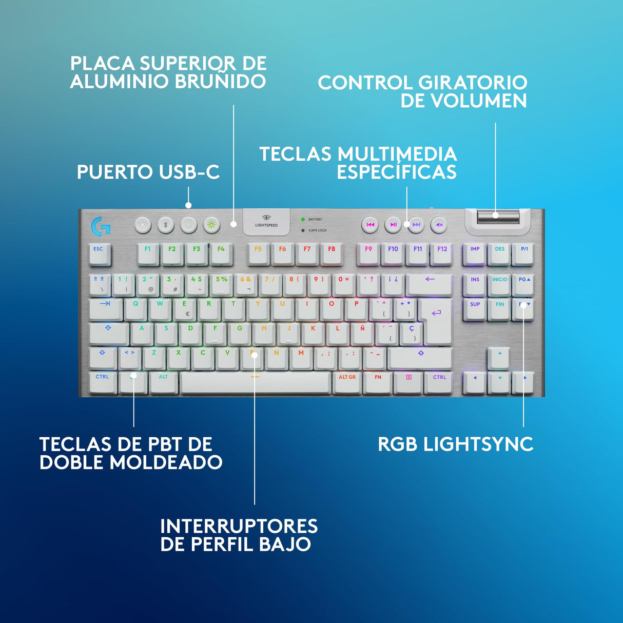 Logitech G G915 X LIGHTSPEED TKL Teclado para gaming inalámbrico de perfil bajo, teclas de PBT de doble moldeado, elegante acabado en aluminio, táctil marrón GL - PC/Mac, QWERTY US - Blanco