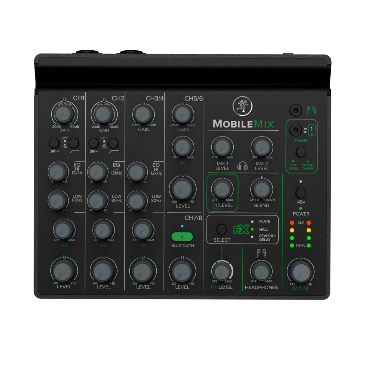 MACKIE MobileMix mezclador de 8 canales alimentado por USB para producción audiovisual, sonido en directo y streaming con instrumentos, micrófonos y Bluetooth