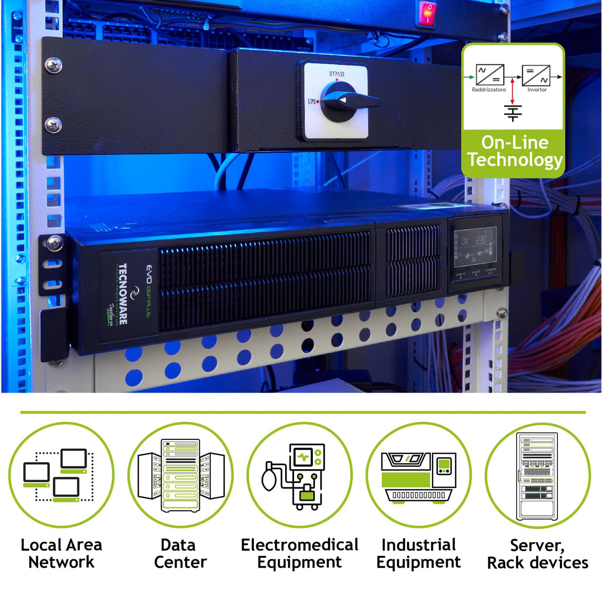 Tecnoware Power Systems SAI EVO DSP Plus 3600, Alta Protección contra Apagones, Autonomía hasta 40 Min, 8 Salidas IEC, Alta Eficiencia 94%, Interfaz USB/RS232/SNMP, Potencia 3600 VA