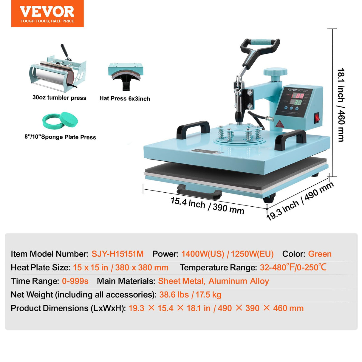 VEVOR 5 en 1 Máquina de Prensado por Calor con Prensa de Vaso de 887 ml, 380 x 380 mm, Prensa Térmico con Giro de 360° con Control Digital Preciso para Camisetas, Tazas, Sombreros y Platos, Verde