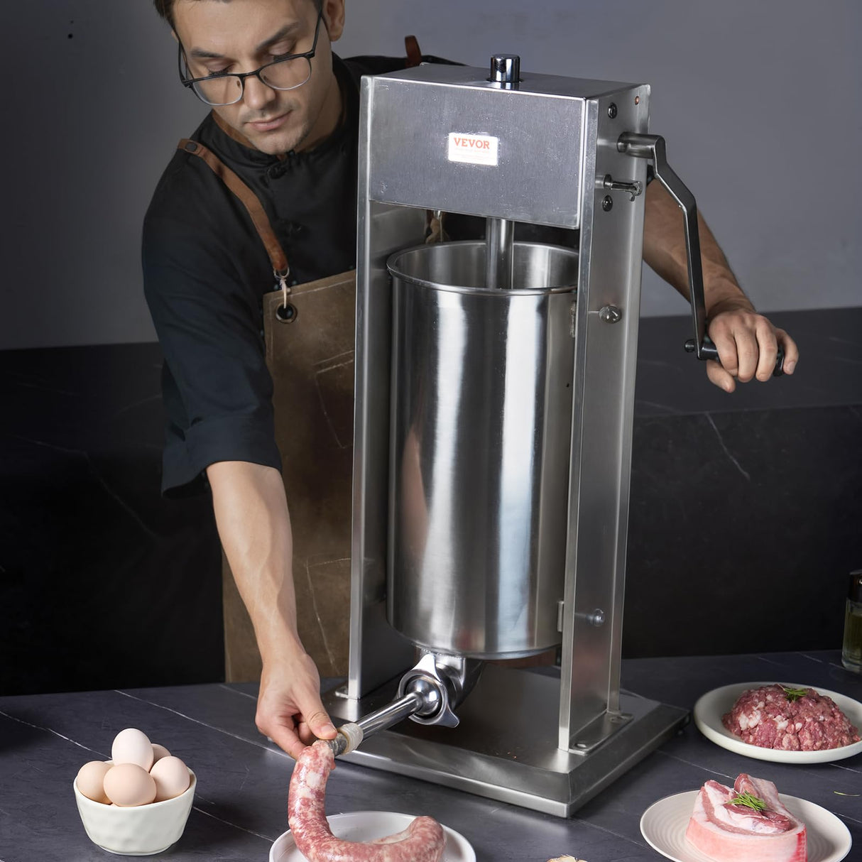VEVOR Embutidora Manual de Salchichas Capacidad de 15 L Máquina de Salchichas Vertical de Acero Inoxidable con 5 Tubos de Relleno para Churros Salchichas para Restaurante Supermercado Cocina
