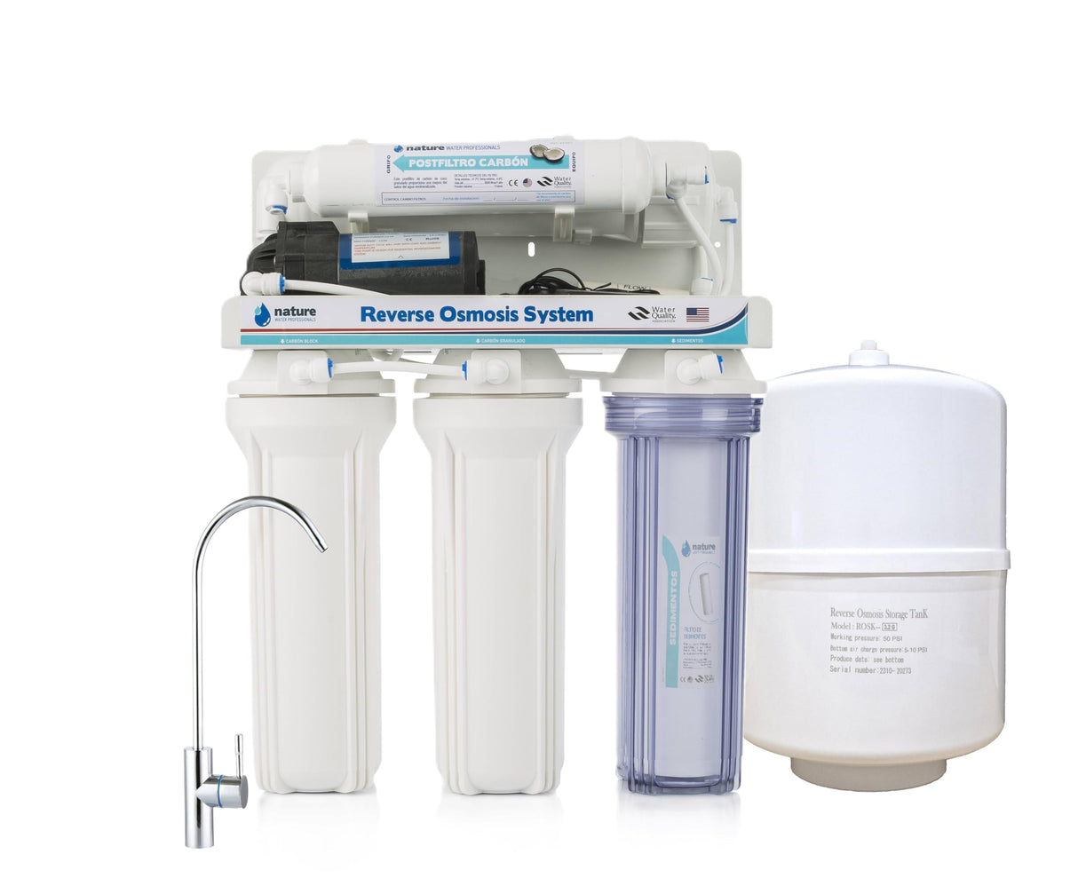 Equipo de Osmosis Inversa - Kit para Osmosis de 5 Etapas - Capacidad para 6 L - Incluye Membrana de 75GPD, Deposito de Agua, Bomba y Filtros - Nature Water Professionals