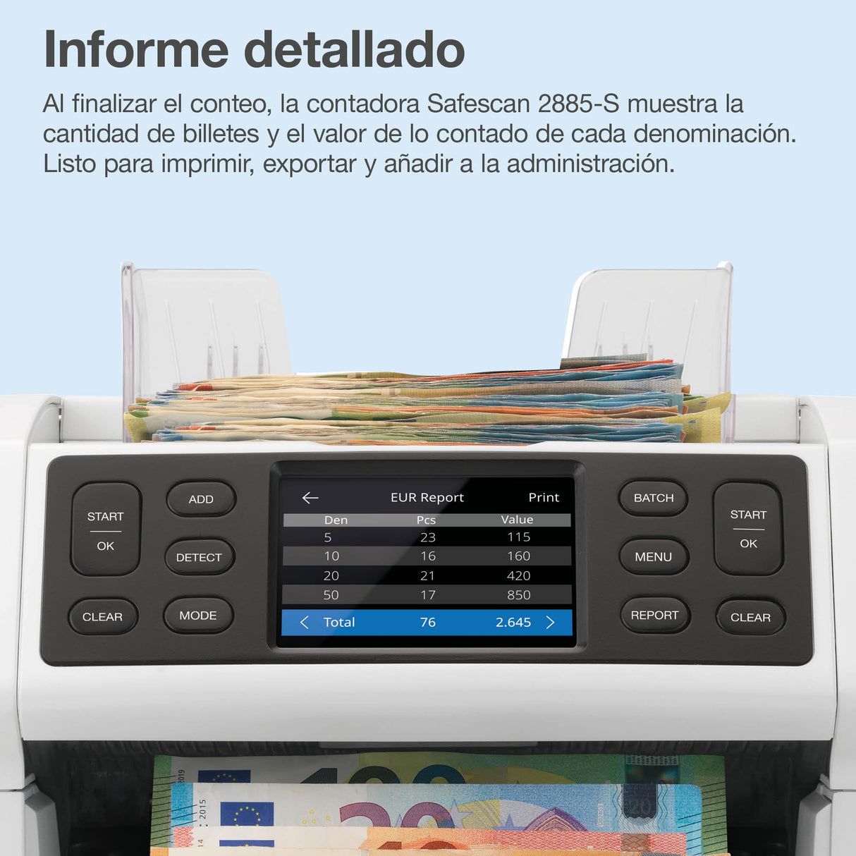 Safescan 2885-S Contadora de billetes, cuenta el valor de billetes mezclados incluyendo USD - Contadora detectora de billetes falsos en 7 puntos - Máquina para contar billetes con interfaz multilingüe