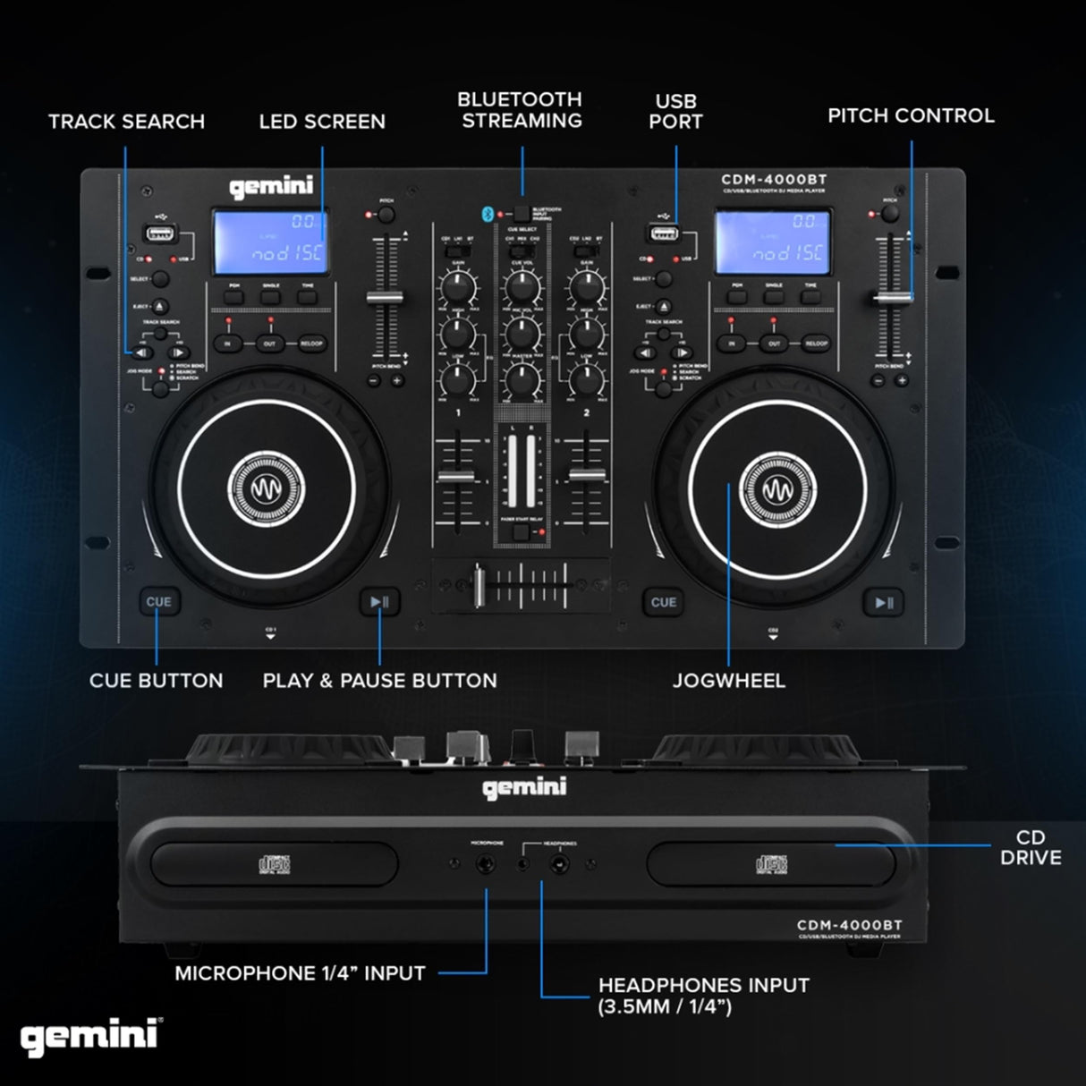 Gemini Sound CDM-4000BT Soporte solo Bluetooth Streaming Professional DJ DULA DULA MEDIA Player Mezclador CD / CDR USB Reproducción 2 Band Ecualizer Manual Bucle Sensible Sensitive Jog Wheels