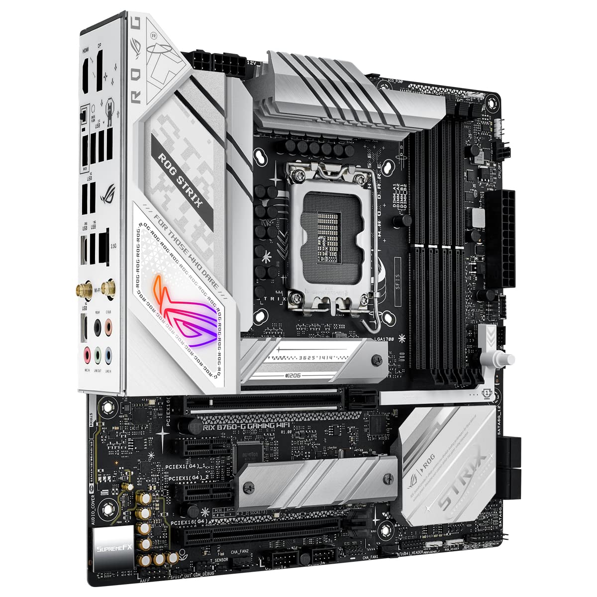 ROG Strix B760-G Gaming WiFi - Placa Base Intel B760 (LGA 1700) mATX Blanco con 12+1 DrMos, DDR5, PCIe 5.0, Q-Release, 2X PCIe 4.0 M.2, WiFi 6E, Ethernet 2,5G, USB 3.2 Gen 2x2 Tipo C, Aura Sync