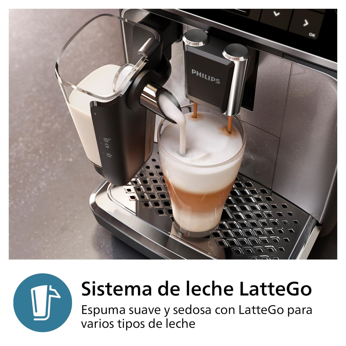 PHILIPS Serie 3300 Cafetera Superautomática - Sistema de leche LatteGo, 6 tipos de cafe, pantalla táctil, SilentBrew, Molinillo Cerámico, filtro AquaClean, Cromo negro (EP3347/90)