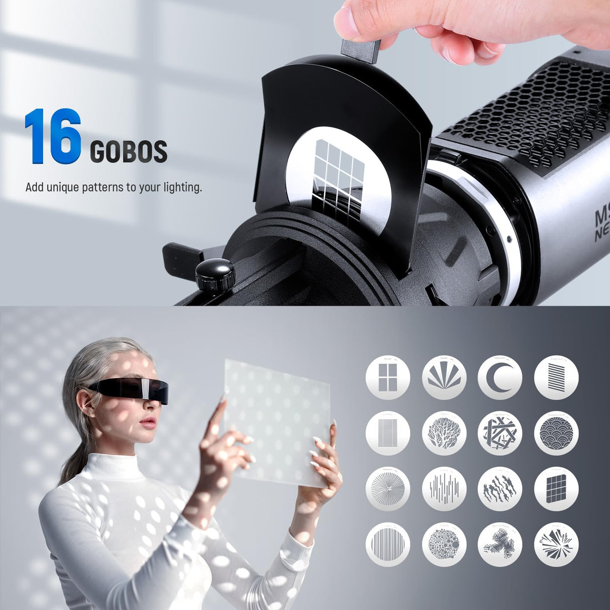 Neewer Soporte Snoot de 20°, Bolsa, Lente de proyección, Enfoque Ajustable, 16 gobos de Metal, 5 Geles de Color, Luz de Video LED Cónica Snoot MS Series(No para Montura Bowens), LS-48