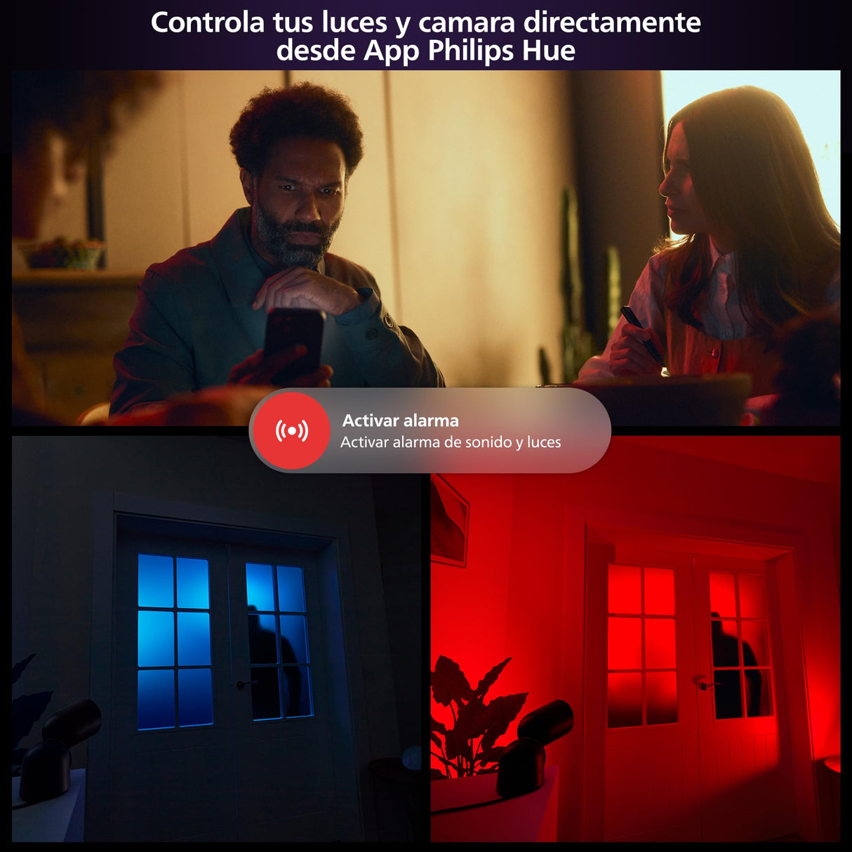 Philips Hue Secure - Cámara de Video Vigilancia con Cable (Blanca) + 2 Sensores de Contacto (Blancos) + 2 Bombillas Color + Bridge, fácil instalación, Audio bidireccional, Funciona con App