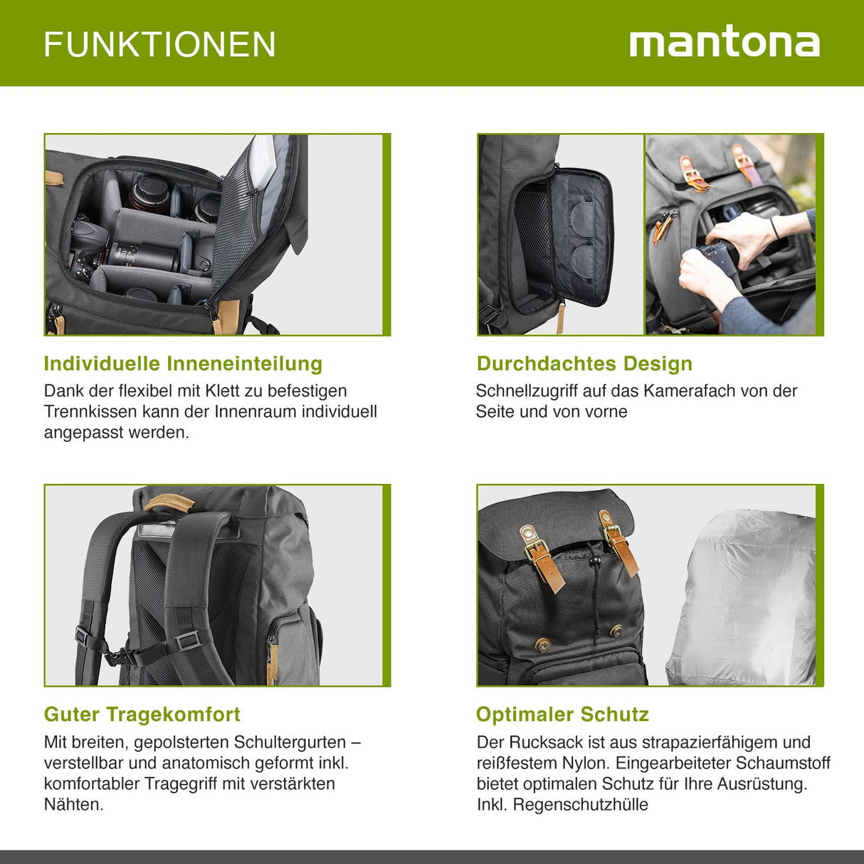 Mantona - Mochila con Aplicaciones de Piel (para una cámara réflex, 3 Objetivos y Accesorios), Color Verde