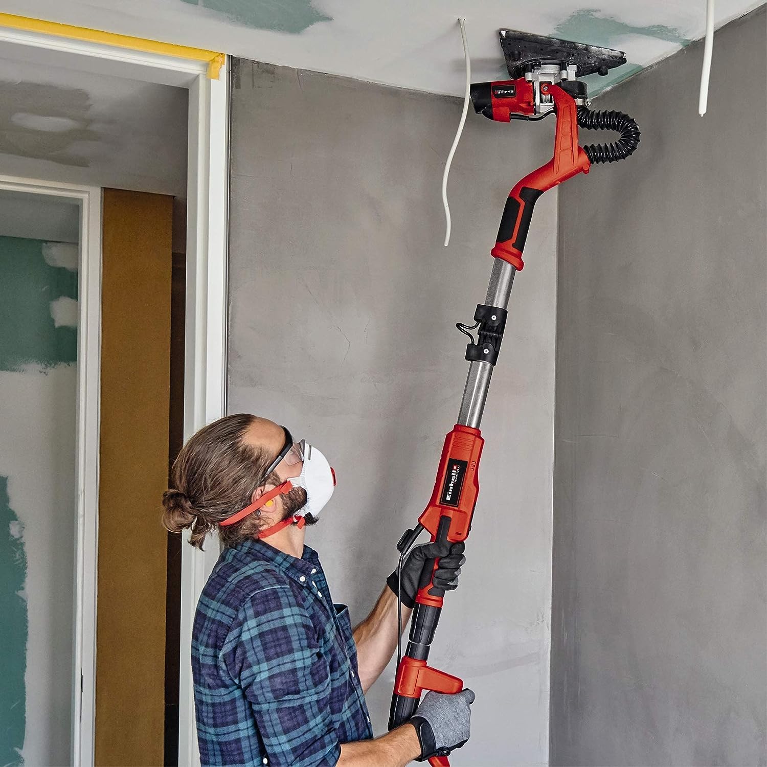 Einhell Lijadora de pared TE-DW 225 X (750 W, Ø225 mm, 285x285x285 mm papel de lija, plato intercambiable, mango telescópico 165 cm, incl. muelas abrasivas + paños de rejilla en el maletín)