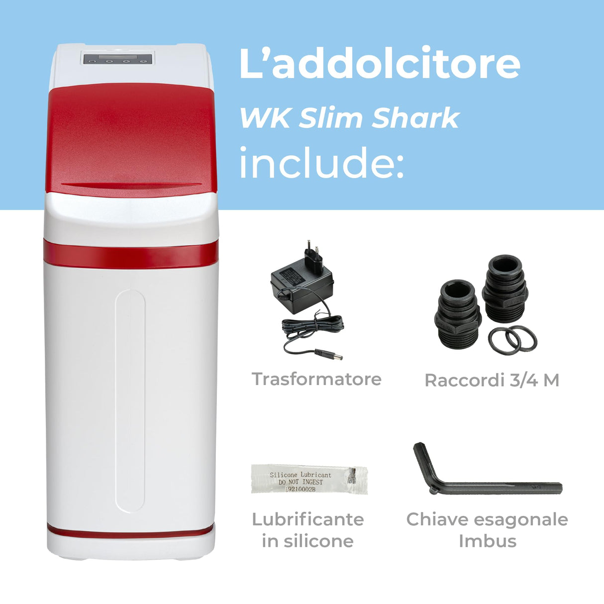 Ablandador de agua WK Slim Shark blanco – Filtrado eficaz, diseño delgado para ahorrar espacio, ideal para 3-4 personas