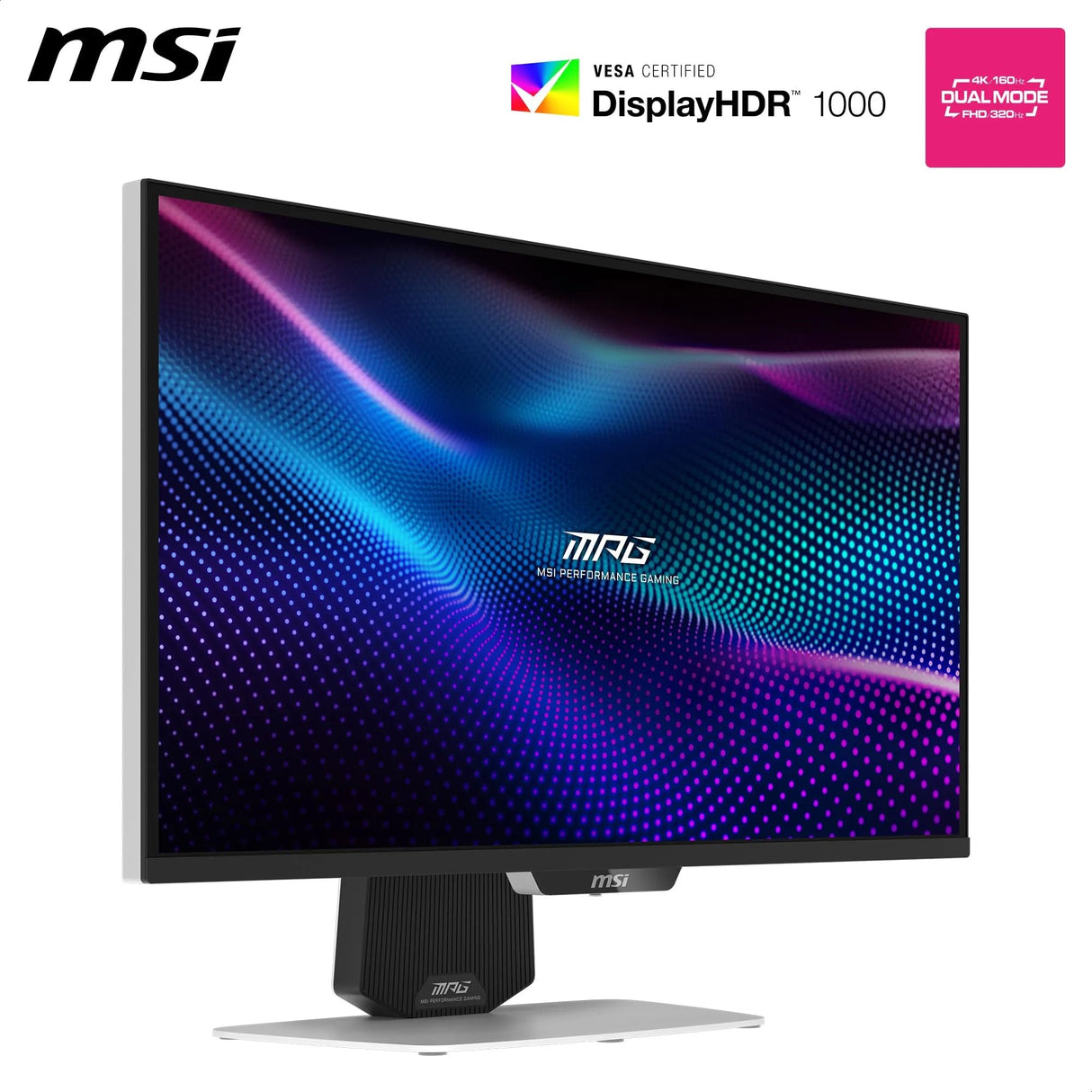 MSI MPG 274URDFW E16M Monitor gaming 4K UHD de 27 pulgadas, 3840x2160 IPS rápido, 0,5 ms, DisplayHDR 1000, Mini-LED, Modo dual, HDMI 2.1, DP 1.4a, USB C 98WPD, Ajustable en inclinación, altura, Blanco