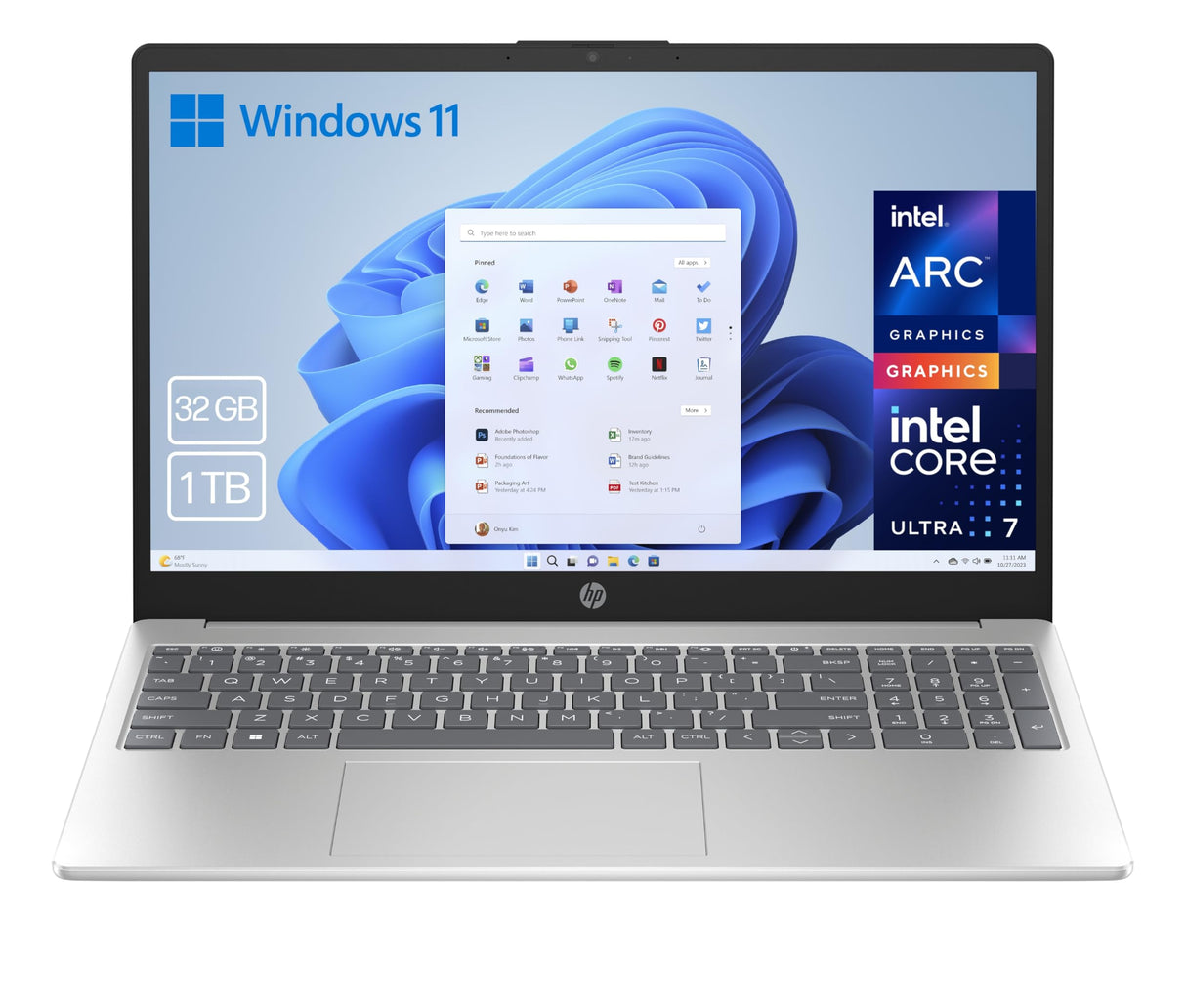 HP 15-fd1011ns - Ordenador portátil de 15.6" FHD (Intel Ultra 7-155H, 32GB RAM, 1TB SSD, Intel Iris Xe Graphics, Windows 11) Plata y Azul - Teclado QWERTY Español