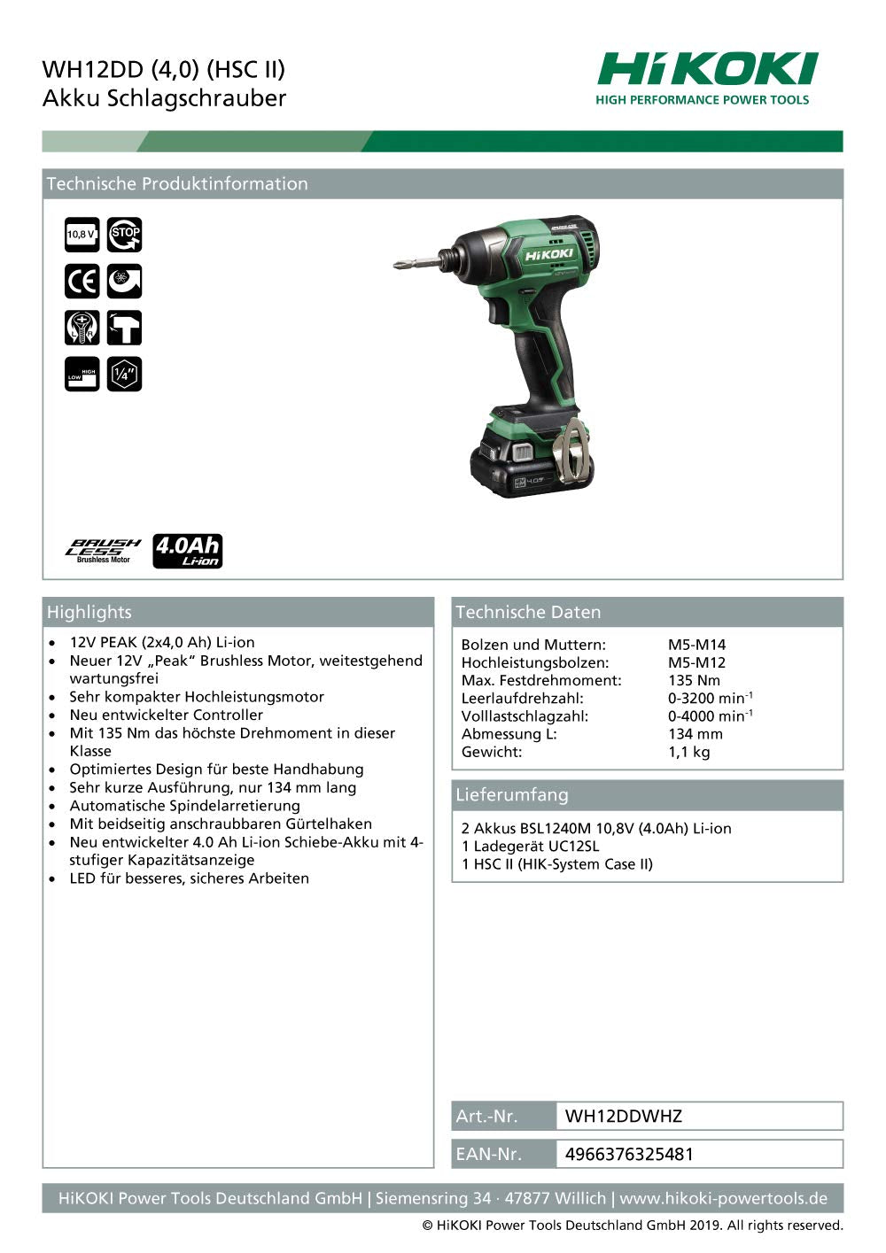 Hikoki WH12DDWHZ - Atornillador de impacto inalámbrico