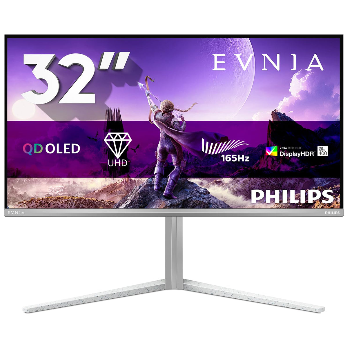 PHILIPS 32M2N6901A UHD Monitor 32 Pulgadas 165HZ Panel QD-OLED, 0.03ms GtG, HDR400 TrueBlack, G-Sync Comp, Altura Ajustable, (3840x2160 HDMI 2X 2.1 DP 1x 1.4 USB Hub) Blanco