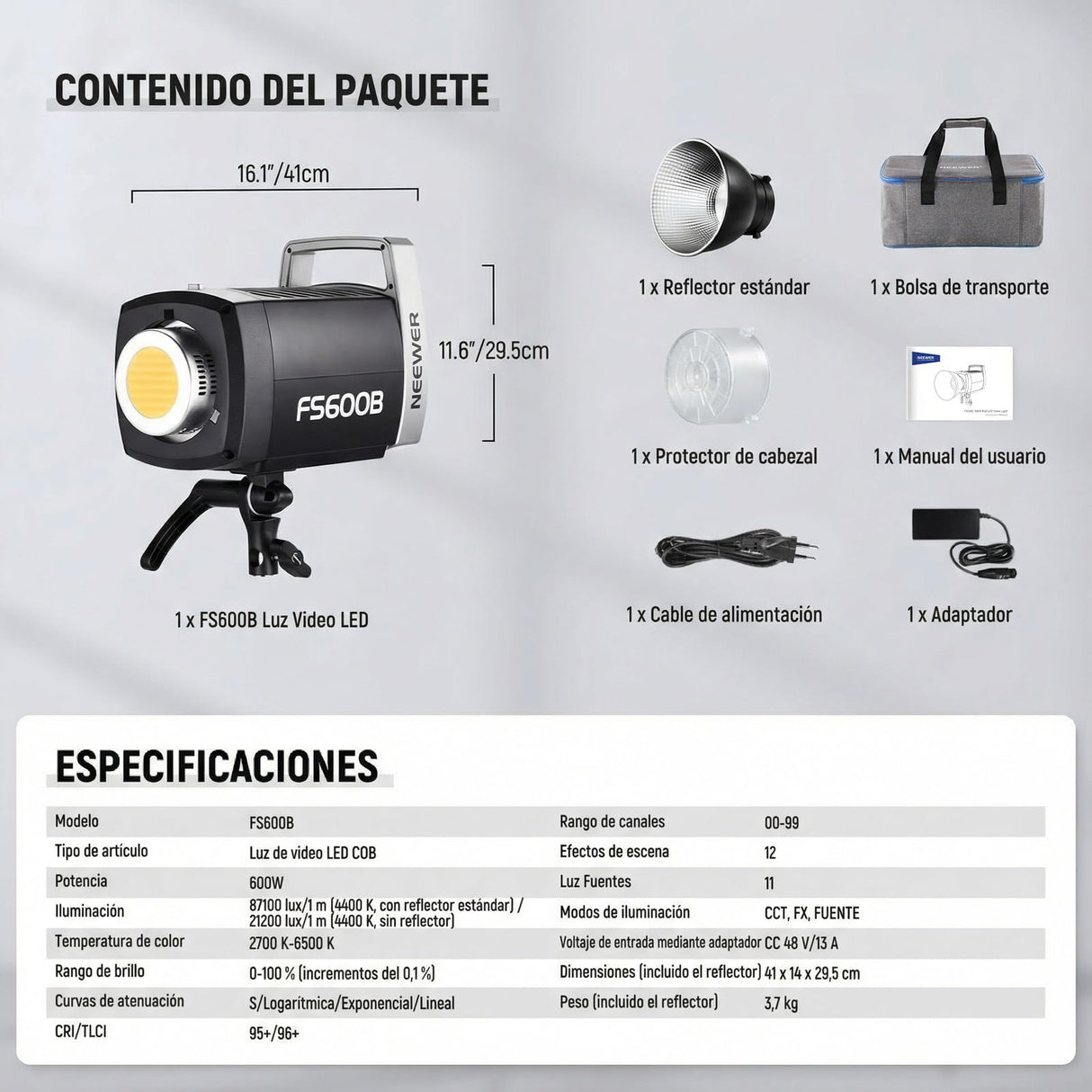 NEEWER 600W Luz LED Foco Video para Estudio 2,4G/App Control 87100Lux/1m, Luz Continua COB Bicolor 2700K-6500K con CRI95+, 12 Escenas, Foco Montura Bowens para Fotografía Grabación Streaming, FS600B