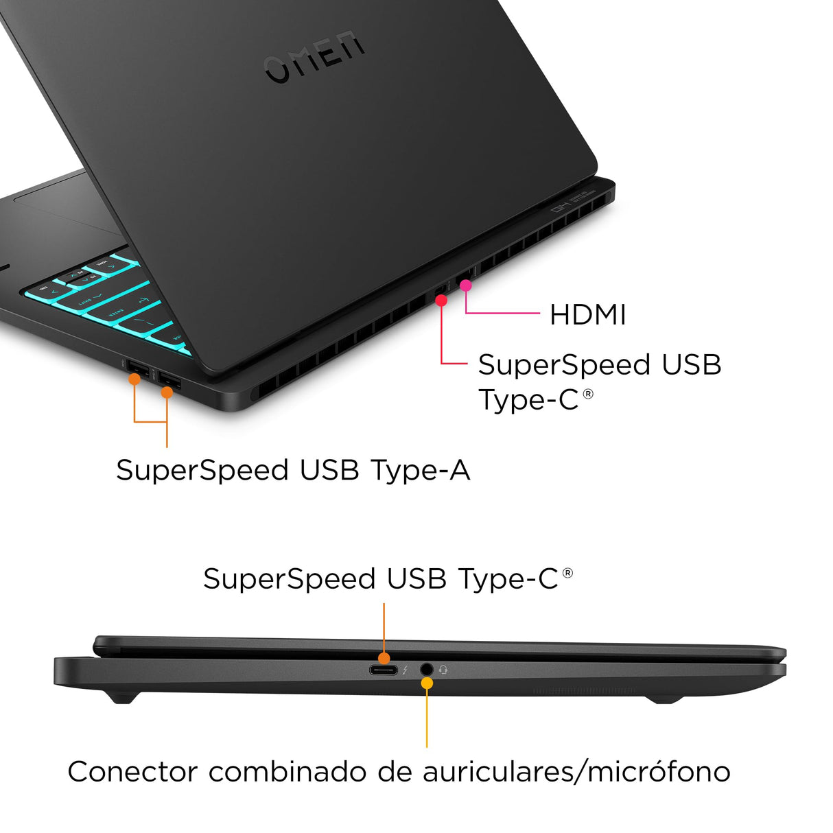 HP OMEN Transcend 14-fb0008ns - Ordenador Portátil Gaming de 14" OLED 2.8K 120Hz (Intel Core Ultra 9 185H, 32GB RAM, 1 TB, NVIDIA GeForce RTX 4060, FreeDOS) Negro - Teclado QWERTY Español