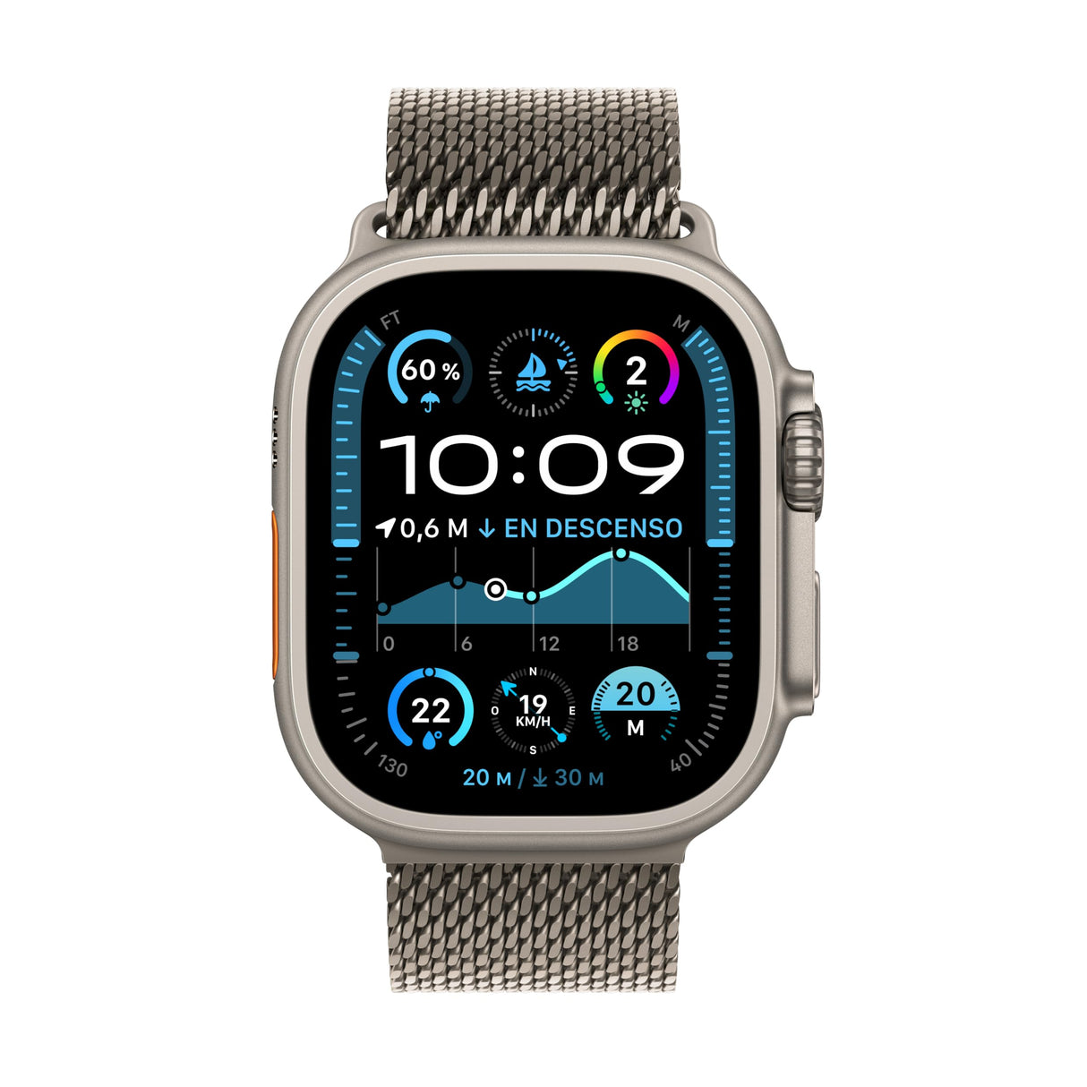 Apple Watch Ultra 2 GPS + Cellular Smartwatch, reloj deportivo con caja de titanio natural resistente 49 mm y Pulsera Milanese Loop en titanio Natural - Talla M. Monitor de entreno y neutro en carbono