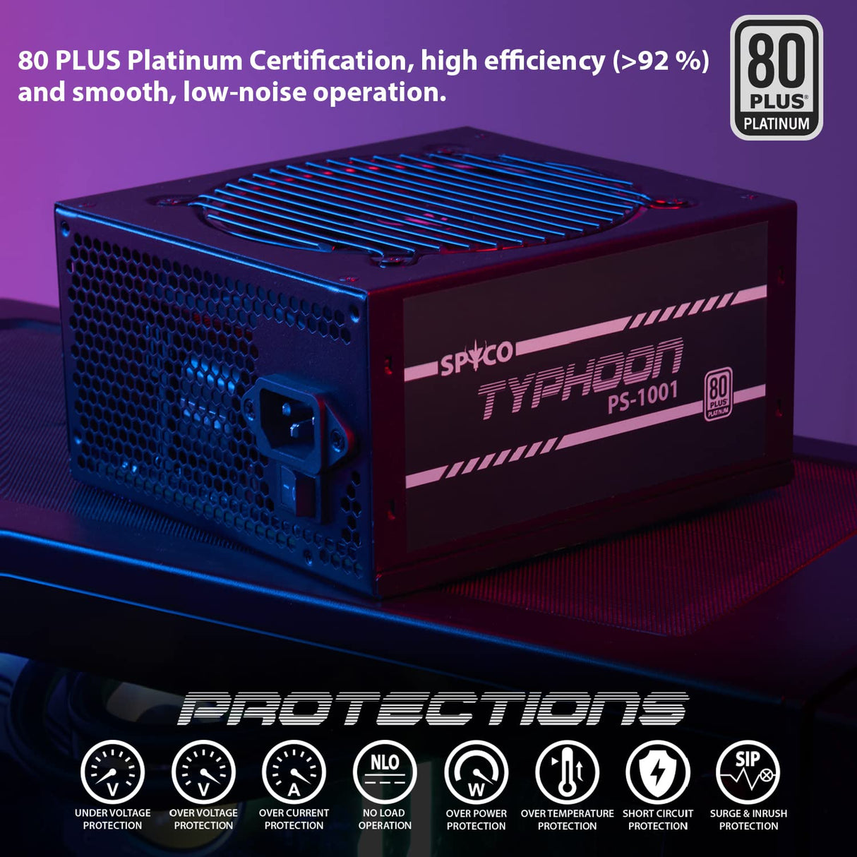 SPYCO - Fuente de Alimentación Gaming 1000 W, 80 Plus Platinum, Totalmente Modular, Ventilador Silencioso, Condensadores Japoneses 105°C, Puerto PCIe 5.0, Negro