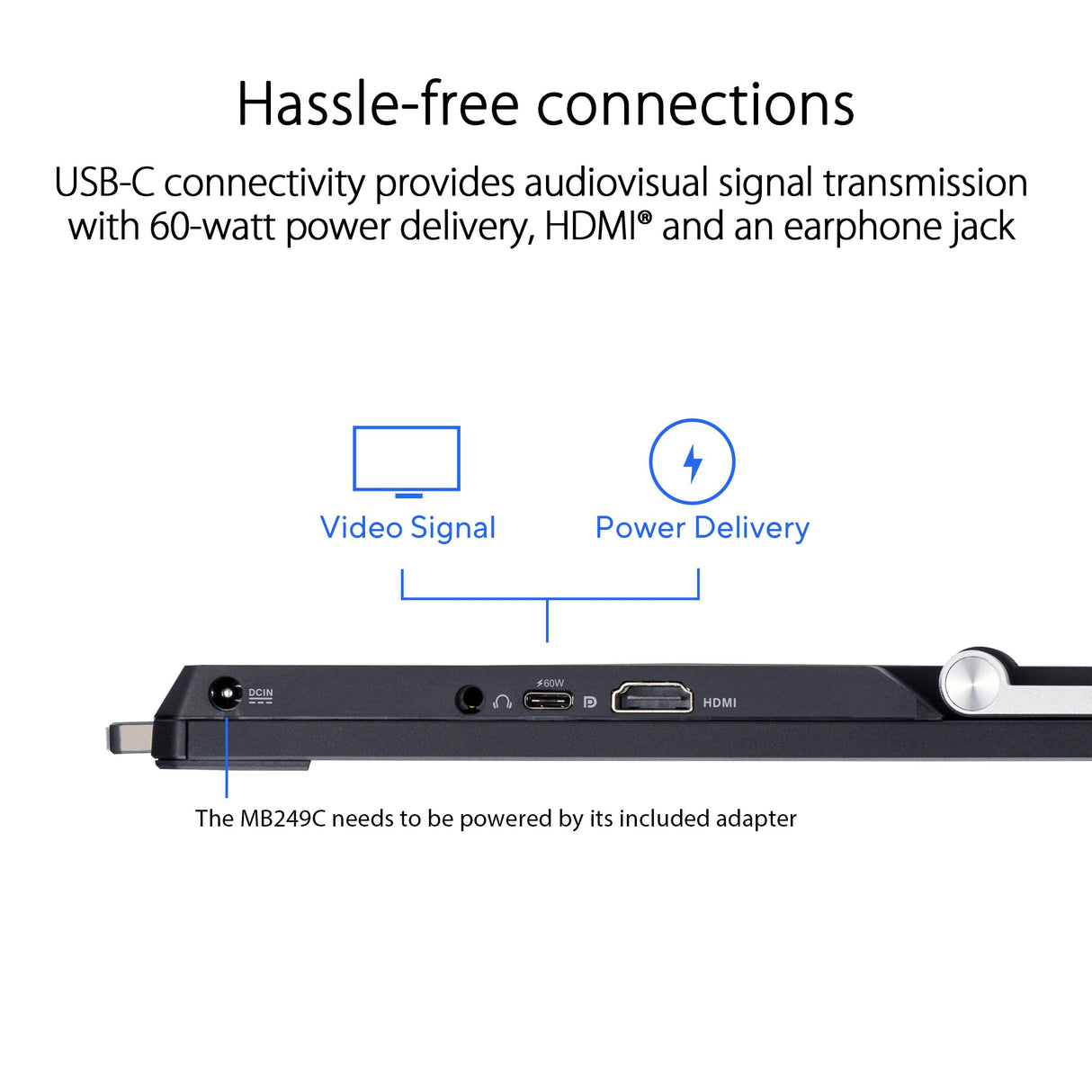 ASUS ZenScreen MB249C - Monitor portátil de 23,8" FHD (1920 x 1080), sin marco, IPS, antirreflejos, USB-C, altavoces, peana, abrazadera en C, gancho para separadores, sostenibilidad ecológica