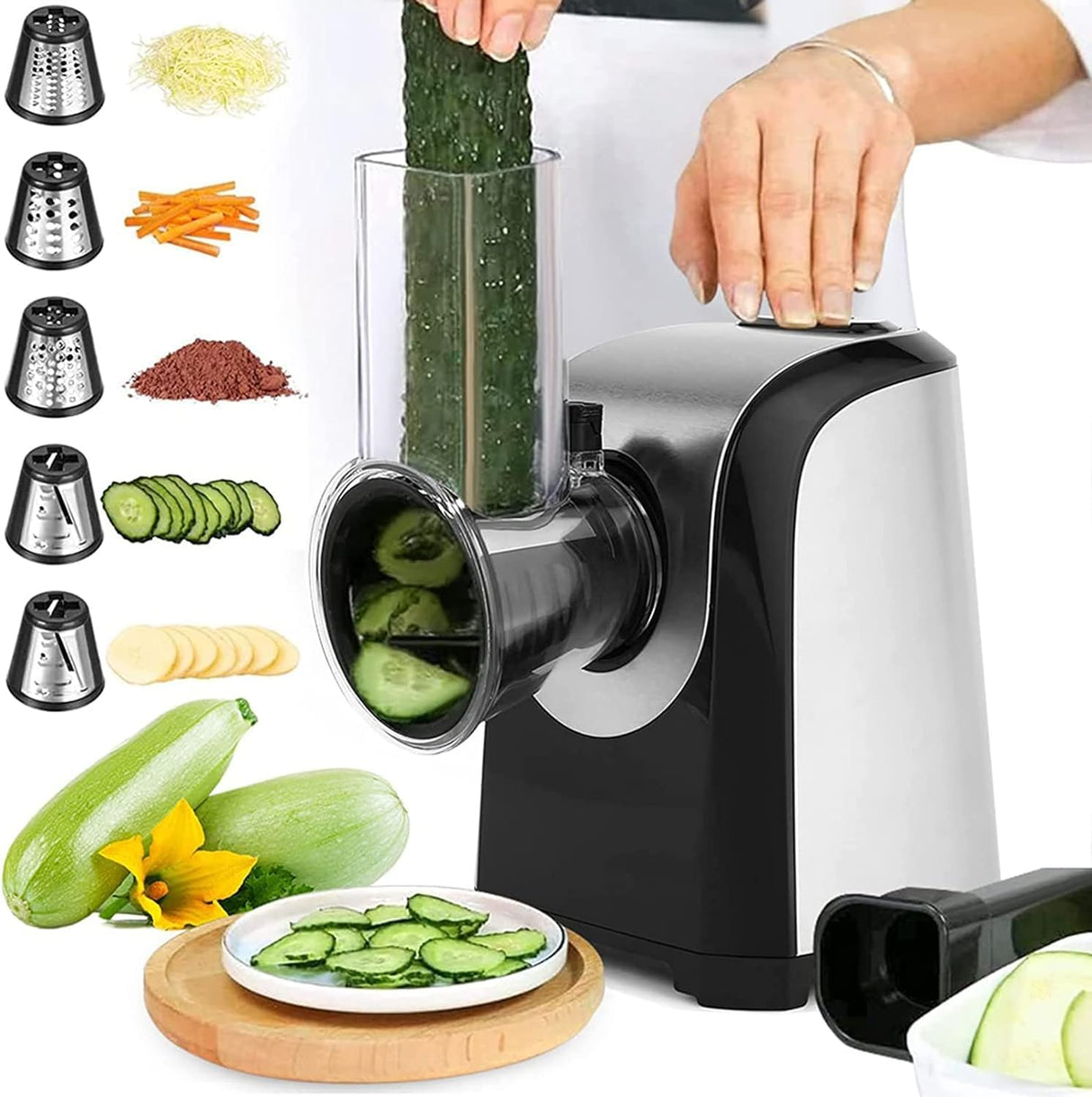 Cortador de verduras eléctrico automático QC-78, rallador eléctrico de cocina con 5 cuchillas cónicas, 150 W, rallador eléctrico con control de un botón (negro)
