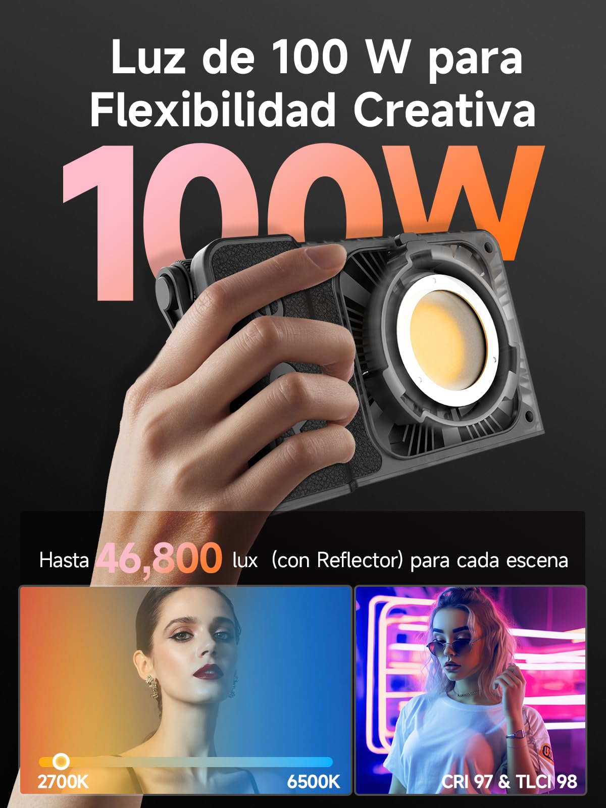 Luz Video, Rollei Lux 100W RGB Foco Vídeo Profesional con 71 WH Empuñadura Batería, Iluminación Continua DC/Tipo C con Candela App para Filmación Entrevista Transmisión, Luz-Video-Foco-LED-Fotografia