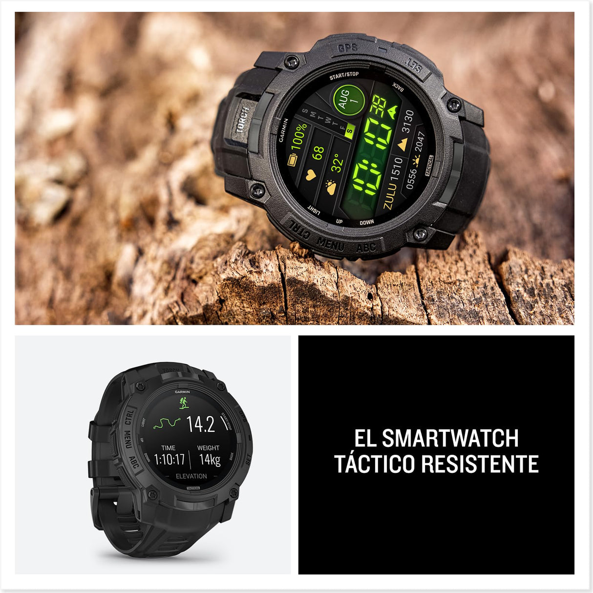 Garmin Instinct 3 Tactical Edition, 50 mm, Reloj Inteligente con GPS Resistente al Agua, Pantalla AMOLED, Funciones Tacticas, Monitorización de la Salud, Linterna LED, hasta 24 días autonomía, Negro