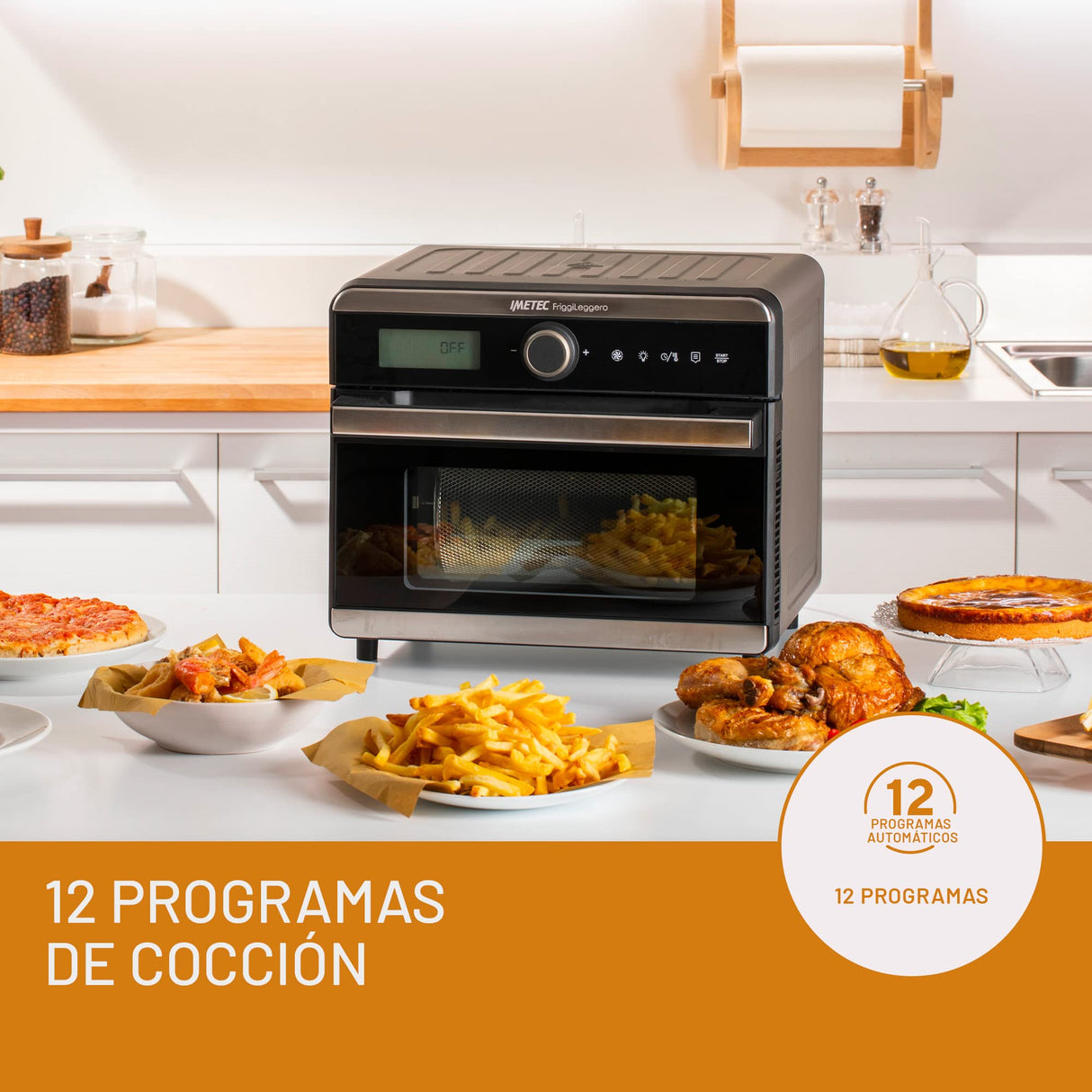 IMETEC FriggiLeggero - Freidora de aire multifunción, sabor con poco aceite, 12 programas, calentamiento rápido, 18 L, 1550 W, controles digitales, cesta, grill, cacerola, recetario
