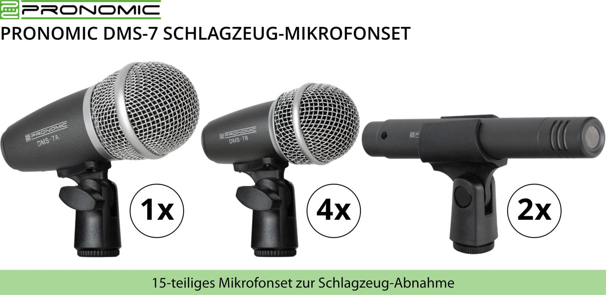 Pronomic DMS-7 Set de Micrófonos para Batería - Set de 7 Micrófonos para Escenario y Estudio - Micrófono de Grabación para Batería e Instrumentos de Percusión - Incluye Maletín