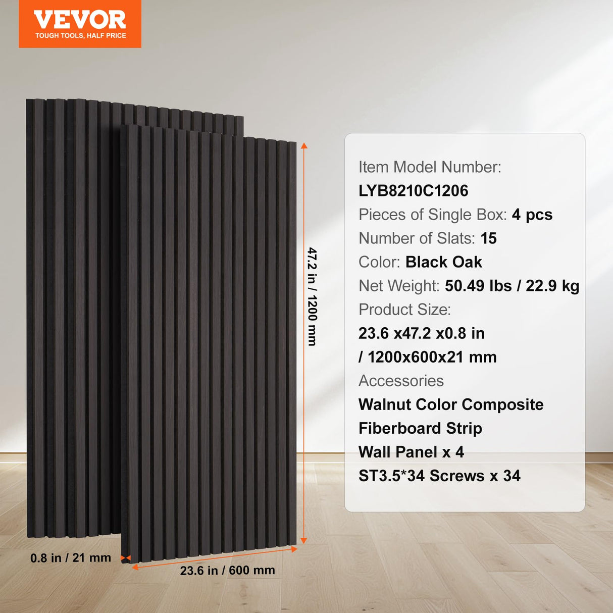 VEVOR Paneles Acústicos 1200x600 mm Paneles de Pared de Madera Decorativa MDF para Decoración de Paredes Interiores Paneles de Pared de Madera Sintética para Reducción de Ruido Roble Negro 4 Piezas
