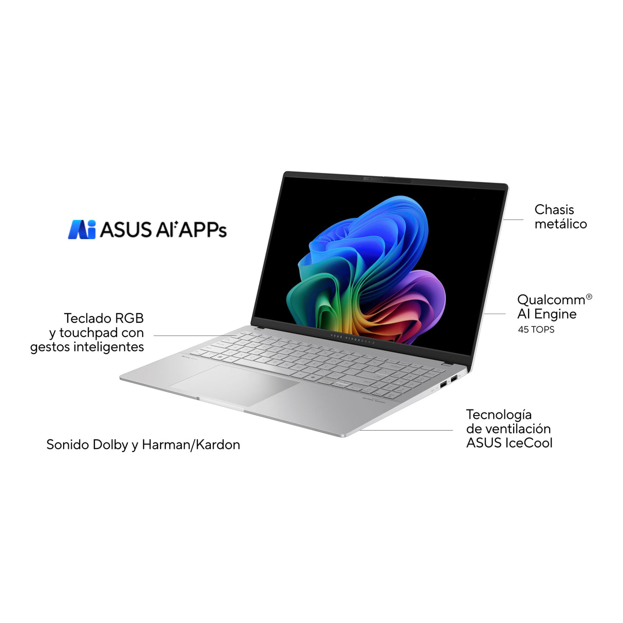 ASUS Vivobook S 15 OLED S5507QA-MA012W Copilot+ PC - Ordenador Portátil 15.6" Wide Quad HD+ 120Hz (Qualcomm Snapdragon X1P42100-16GB RAM- 512GB SSD- Adreno GPU- Windows 11 Home) Plata Fría - Teclad