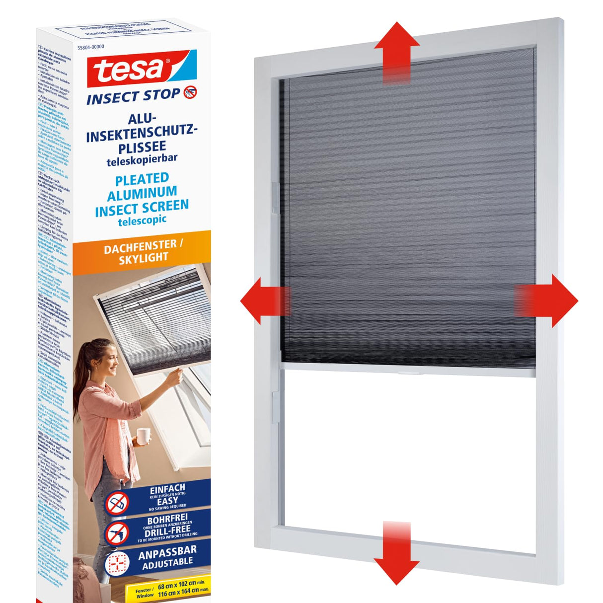 tesa® Cortina Mosquitera Plisada de Aluminio - Mosquitero Extensible para Claraboyas - Fácil Instalación sin Taladrar - Tecnología tesa Powerstrips® - Blanco