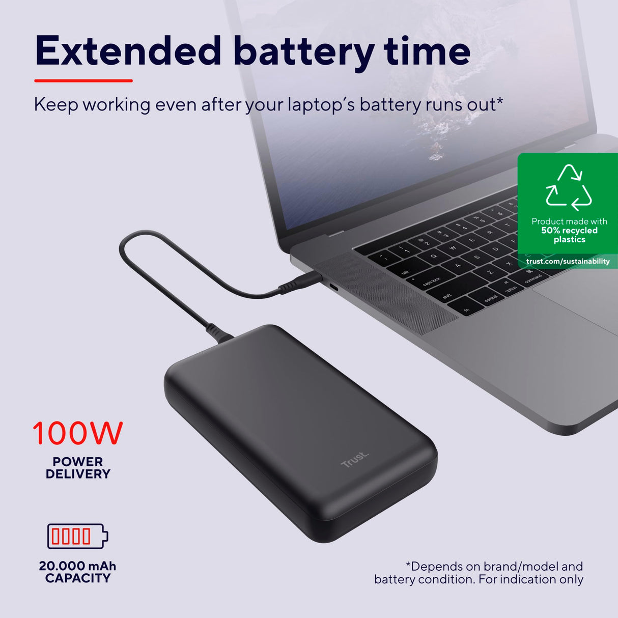 Trust Laro Power Bank 20000mAh 100W para Portátil 2X USB-C 1x USB-A, Batería Externa Carga Rapida, Cargador Portátil Powerbank iPhone Macbook iPad Steam Deck Xiaomi DELL ASUS Lenovo HP