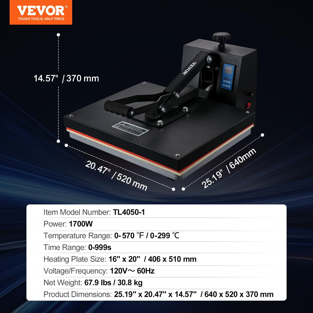 VEVOR Prensa de Calor Negro 406x510 mm Máquina de Sublimación Textil 1700 W Calentamiento Rápido Prensa de Calor por Transferencia por Sublimación Digital e Industrial para Camiseta, Bolso, Almohada