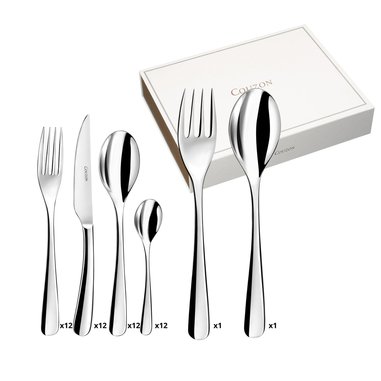 COUZON Haikou Cubertería de 50 Piezas en Estuche de Madera, Acero Inoxidable, Plateado
