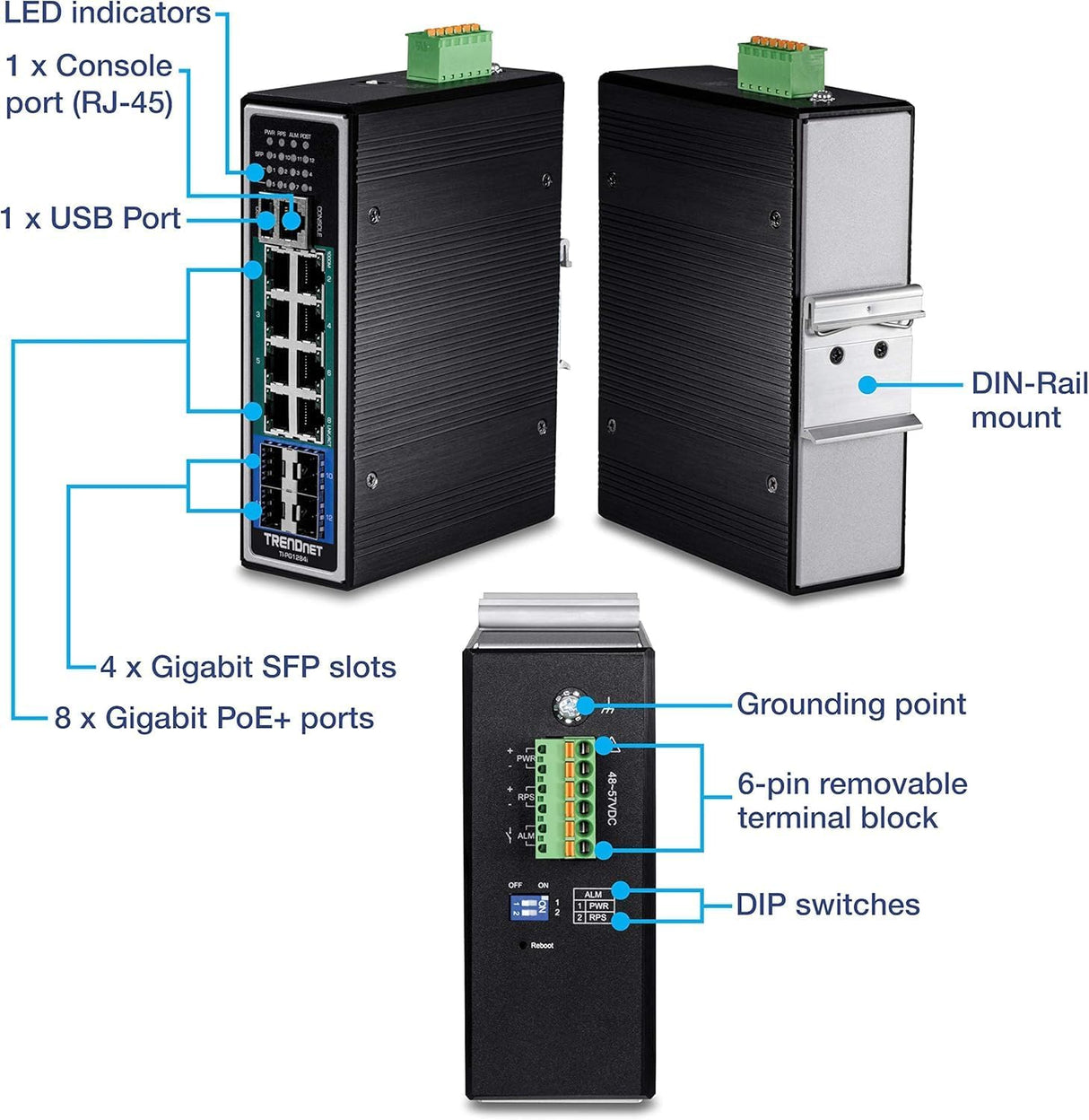 Trendnet TI-PG1284i Managed L2+ Gigabit Ethernet (10/100/1000) Black Power over Ethernet (PoE) - Network Switch Managed, L2+, Gigabit Ethernet (10/100/1000), Full duplex, Power over Ethernet (PoE))