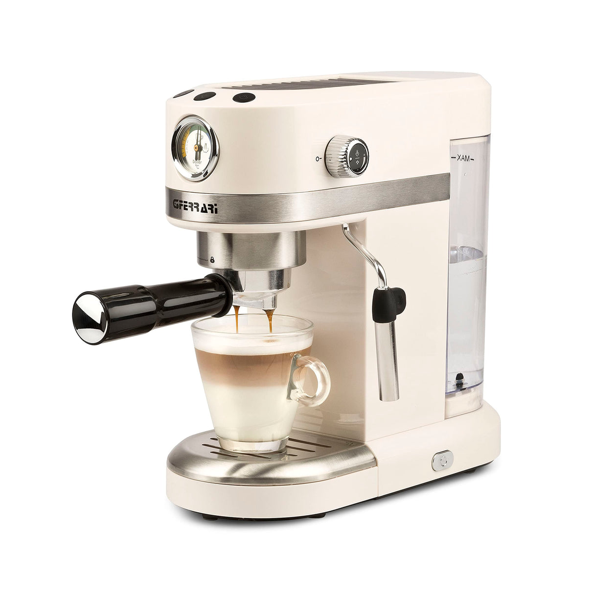 G3 Ferrari G10168 Amarcord Cafetera Espresso, 15 Bares, 1350 W, 1/2 Tazas, Termómetro, Calienta tazas, Depósito de 1,4 Litros, 3 filtros Inoxidables, Beige