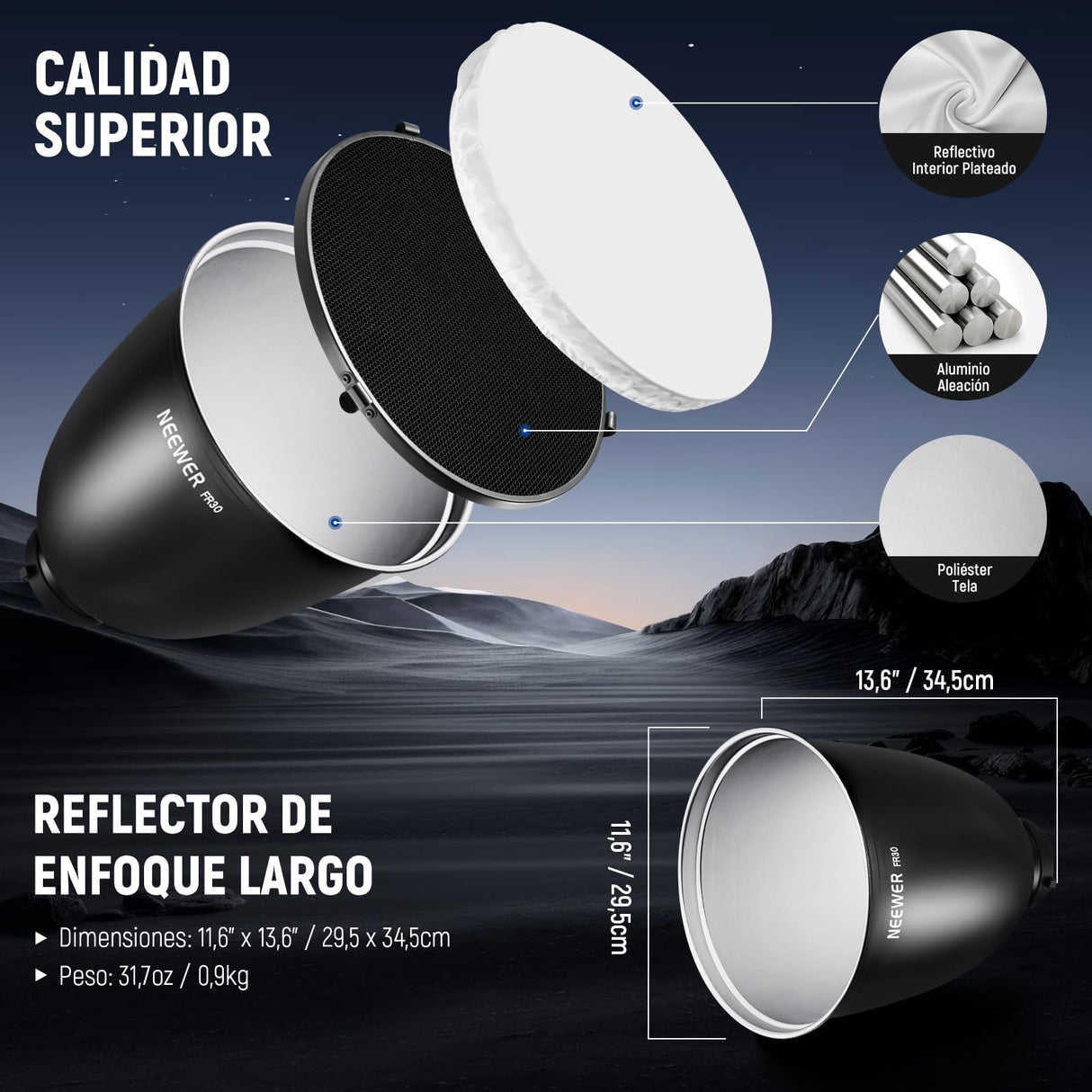 NEEWER 11,6"/29,5cm Soporte Bowens Reflector Enfoque Profundo con 15°/30° Honeycomb Grids y Tela Suave, 45° Pantalla Difusor Compatible con Godox NEEWER Estudio Strobe Flash Luz Speedlite, FR30