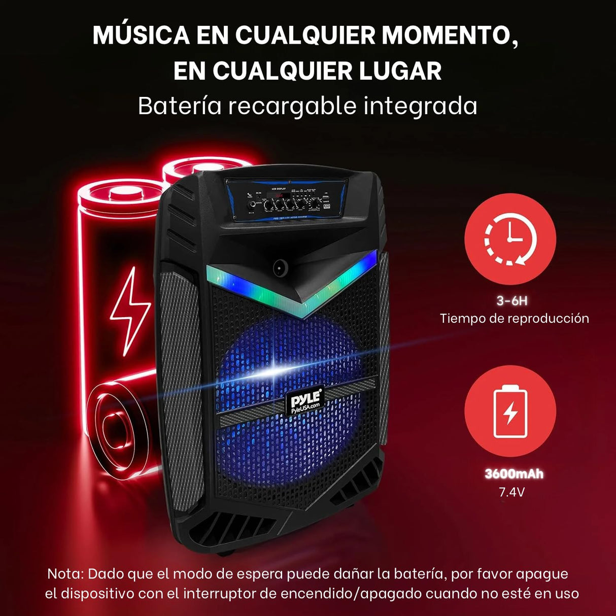 PYLE Sistema de Altavoces, PA, 800W, Bluetooth, portatil, Recargable, Exteriores, subwoofer de 12”, Tweeter de 1”, función de grabación, micrófono, Luces de Fiesta, Radio USB/SD, Color Negro