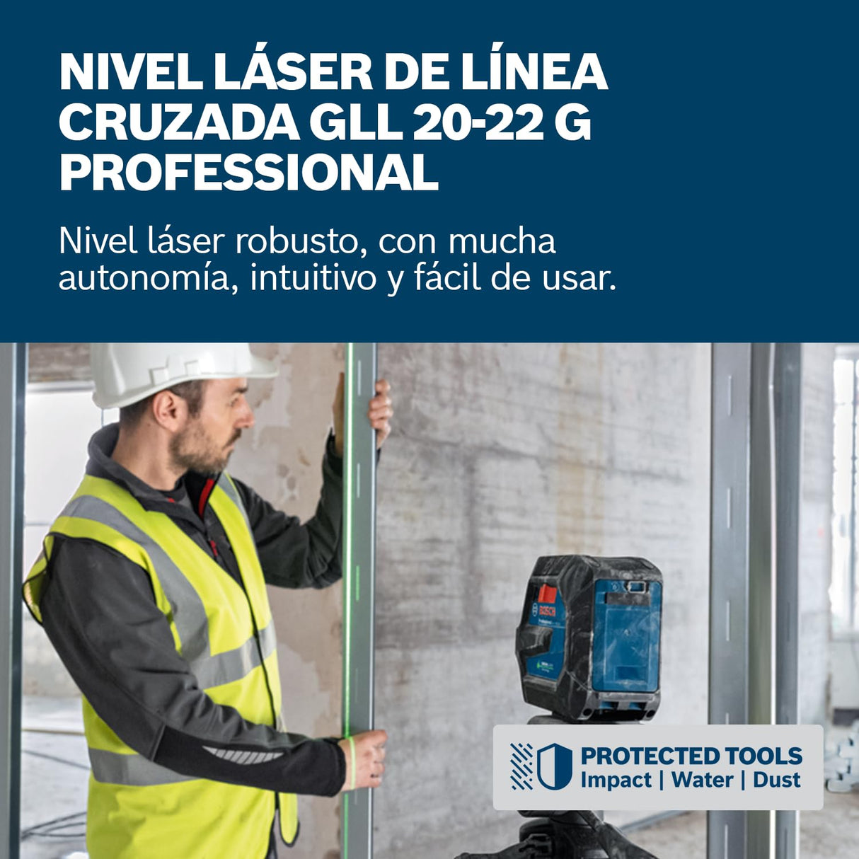 Bosch Professional Nivel láser GLL 20-22 G (soporte LB 10, láser verde, uso en interiores, doble fuente de alimentación, 2 pilas LR6 de 1,5 V, funda protectora)