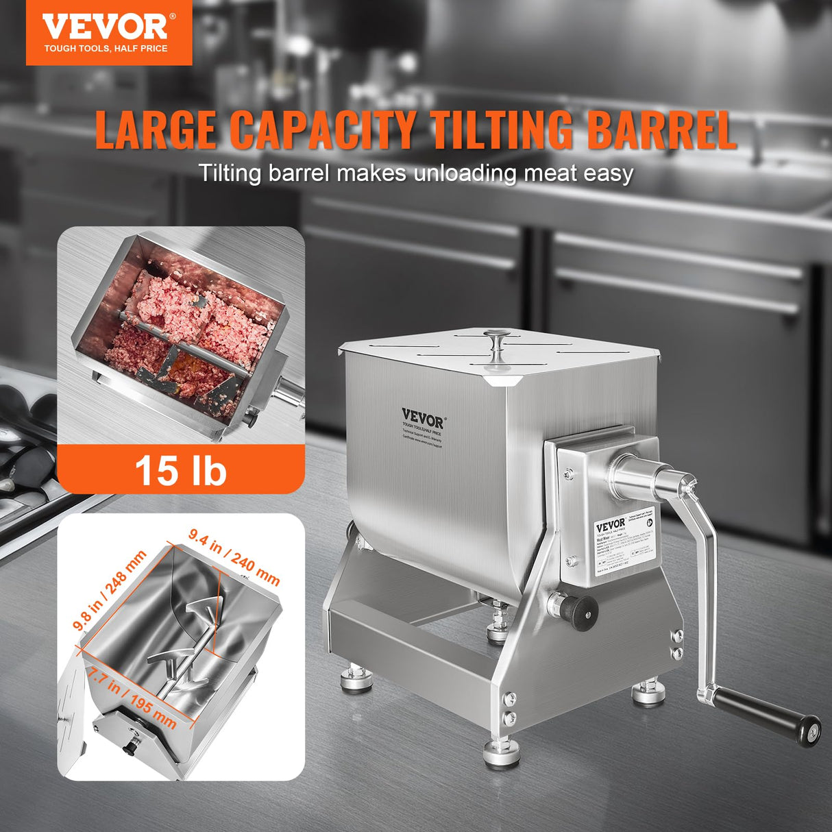 VEVOR Mezcladora de carne manual, mezcladora de carne con tanque inclinado con capacidad de 15 libras, equipo de procesamiento de carne de acero inoxidable
