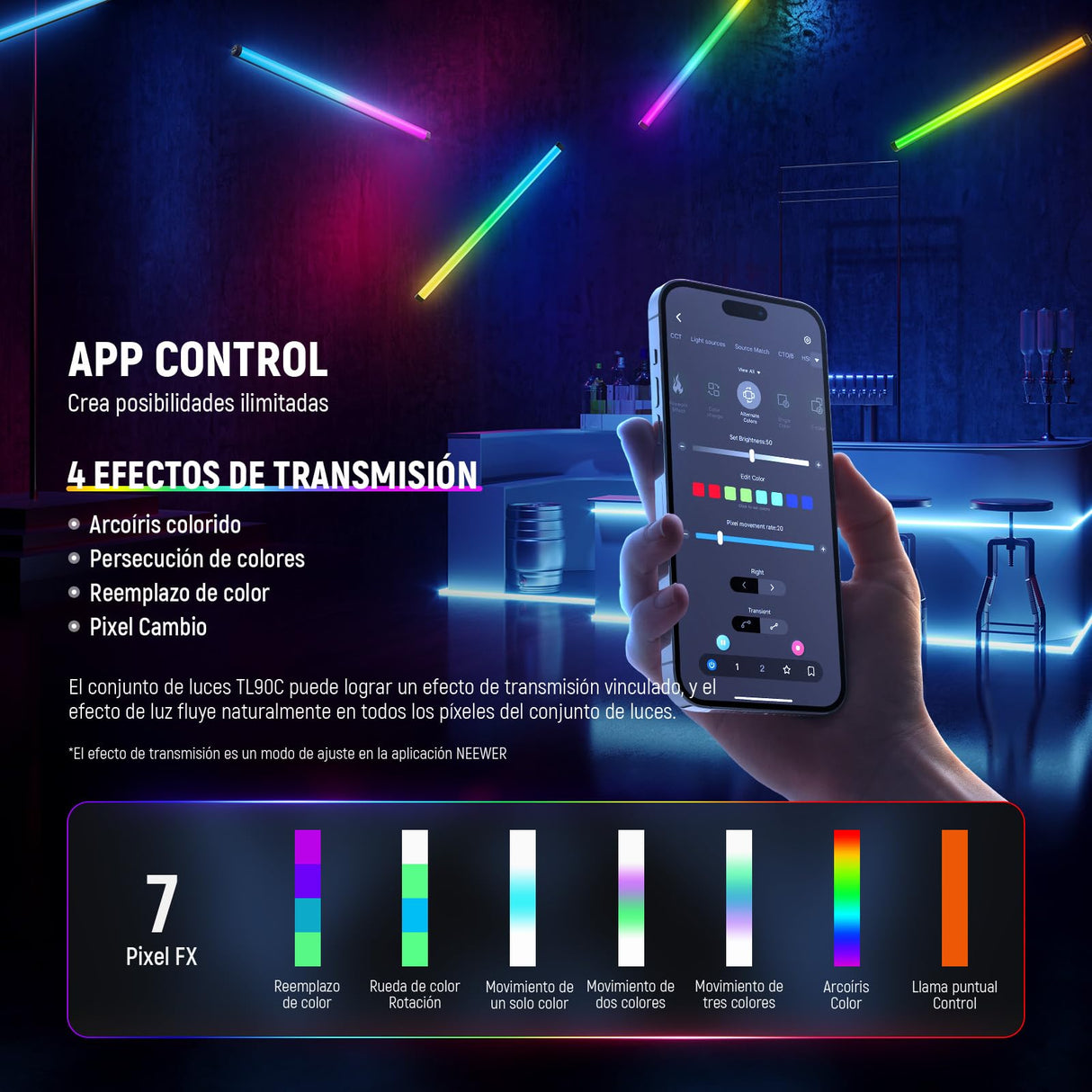 NEEWER RGB Tubo Luz, 30W Luz Video LED RGBWW Varita de Luz a Todo Color con 18 Escenas 7 Píxeles Efectos 2500-10000K CRI97/TLCI98 6000mAh, Control App/2.4G/DMX para Grabación Fotografía, TL90C