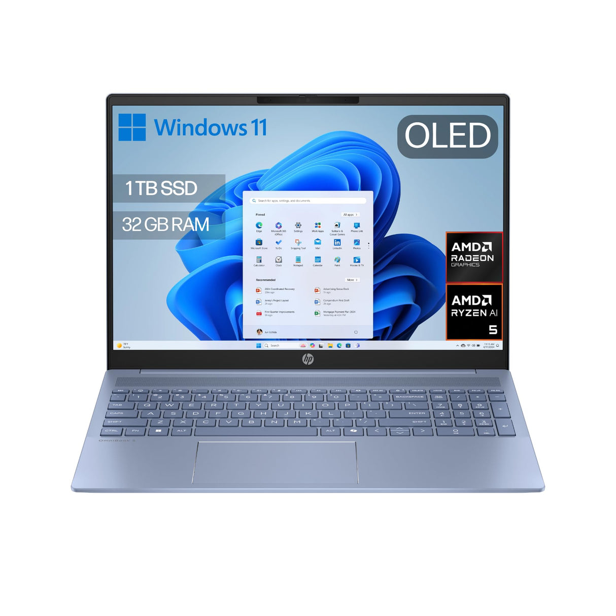HP OmniBook 5 16″ OLED 2K, Ordenador portátil AMD Ryzen AI 5 330, 32GB RAM, 1TB SSD, Gráficos AMD Radeon 820M, Windows 11 Home, Azul - Teclado QWERTY Español