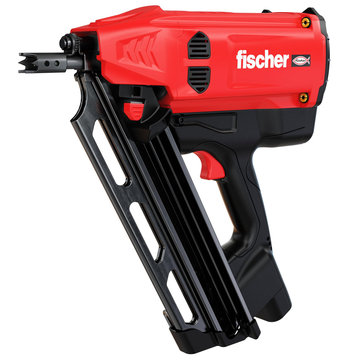 fischer 571811 FGW 90F Pro - Clavadora de marco de gas, pistola de clavos, 2 baterías incluidas, rojo y negro