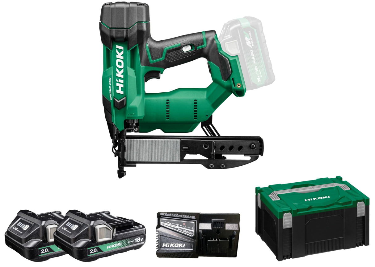 HiKOKI Grapadora de batería – 18 V, 13-40 mm, ion de litio, luz LED, ajuste de profundidad sin herramientas, accionamiento por resorte neumático, motor sin escobillas, disparo conmutable, incluye 2
